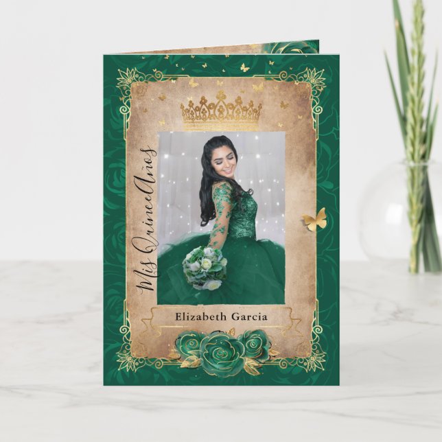 Invitation Floral Gold et Green Quinceañera photo pliée (Devant)