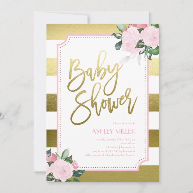 Invitation Floral Gold Faux Foil | Baby shower (Devant)