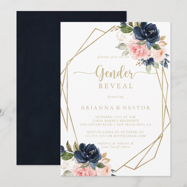 Invitation Floral Gold Géométrique Sexe RevevezParty (Devant / Derrière)
