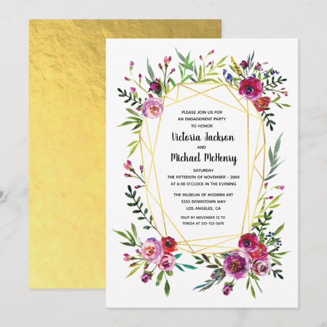 Invitation Floral Gold Geometry Crystal Engagement Party (Devant / Derrière)