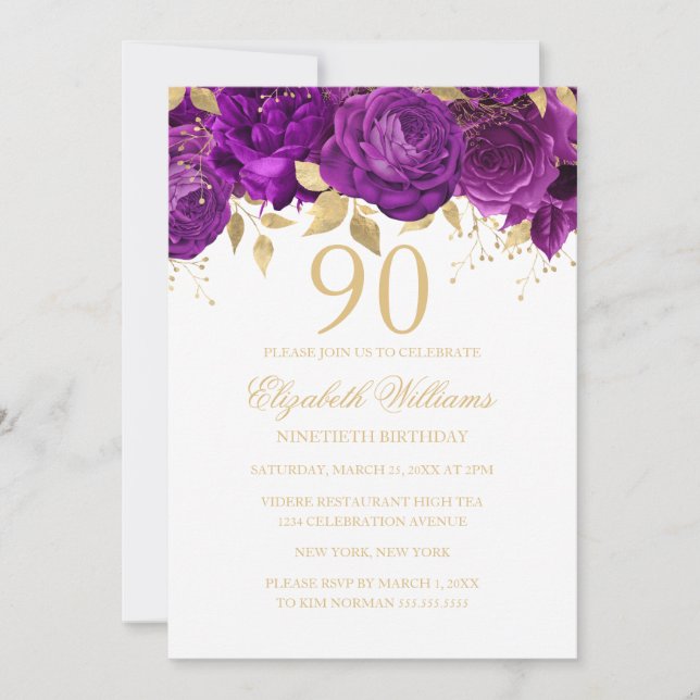 Invitation Floral Gold Purple Rose 90e anniversaire (Devant)