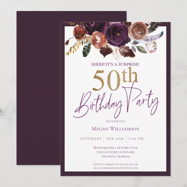 Invitation Floral Gold Purple Surprise 50e fête d'anniversair (Devant / Derrière)