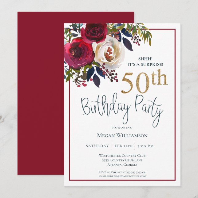 Invitation Floral Gold Red Surprise 50e fête d'anniversaire (Devant / Derrière)