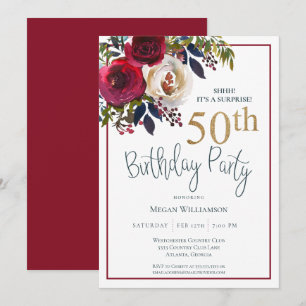 Invitation Floral Gold Red Surprise 50e fête d'anniversaire