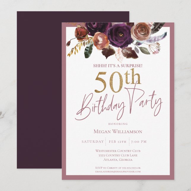 Invitation Floral Gold Rose Surprise 50e fête d'anniversaire (Devant / Derrière)