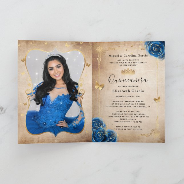 Invitation Floral Gold Royal Blue Quinceañera photo pliée (Intérieur)