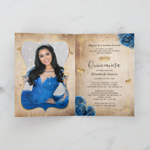 Invitation Floral Gold Royal Blue Quinceañera photo pliée