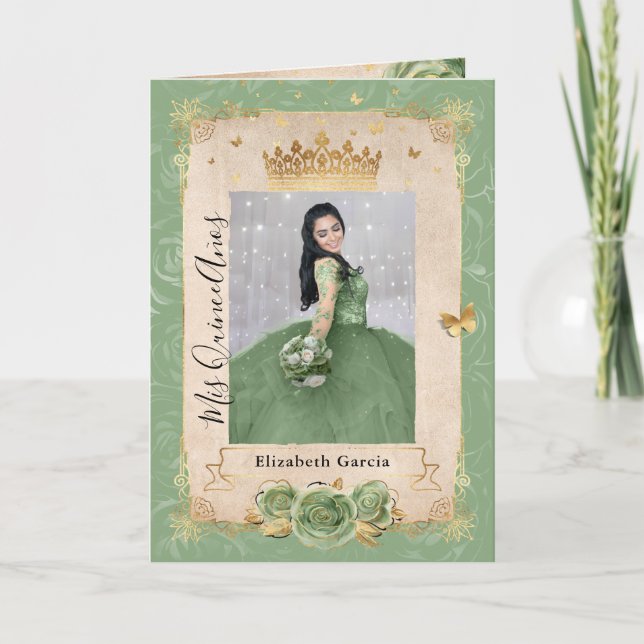 Invitation Floral Gold Sage Green Quinceañera Photo Plier (Devant)