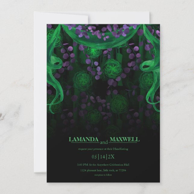 Invitation Floral Gothique Lumineuse Mariage Vert Handfasting (Devant)