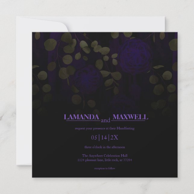 Invitation Floral gothique violet & or Feuilles à la main (Devant)