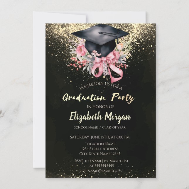 Invitation Floral Grad Cap, Bow Confetti Graduation Party (Devant)