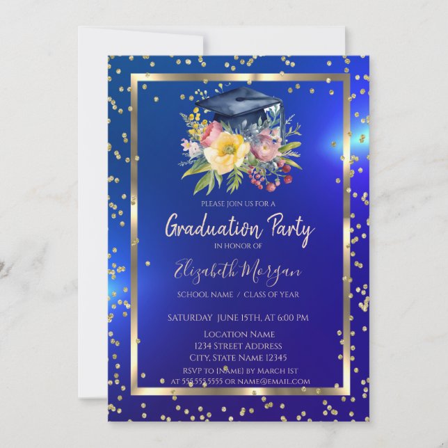 Invitation Floral Grad Casquette Marine Blue Graduation (Devant)