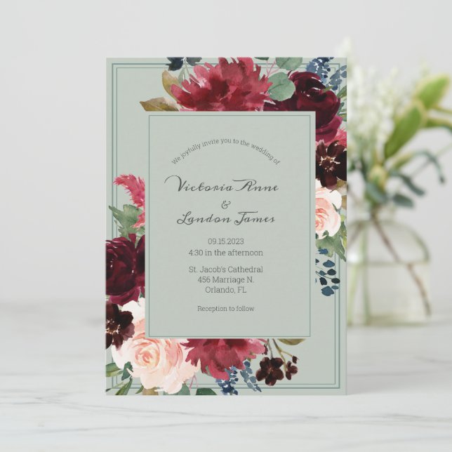 Invitation Floral Green Blush Élégant Mariage Script (Debout devant)