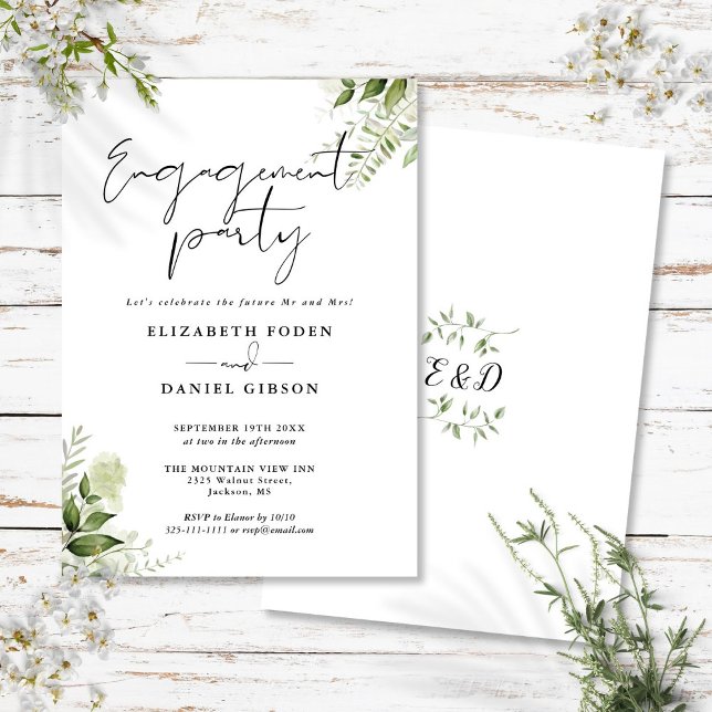 Invitation Floral Green Party Black and White (Floral Greenery Black And White Engagement Party Invitation)