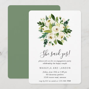 Invitation Floral Green Roses blanches Partie d'engagement