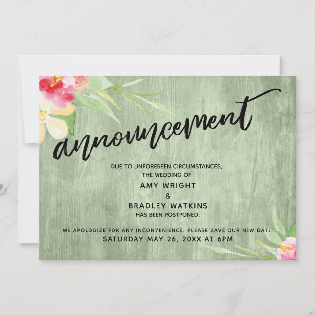 Invitation Floral Green Wood "Faire-part" Reporté Mariage (Devant)