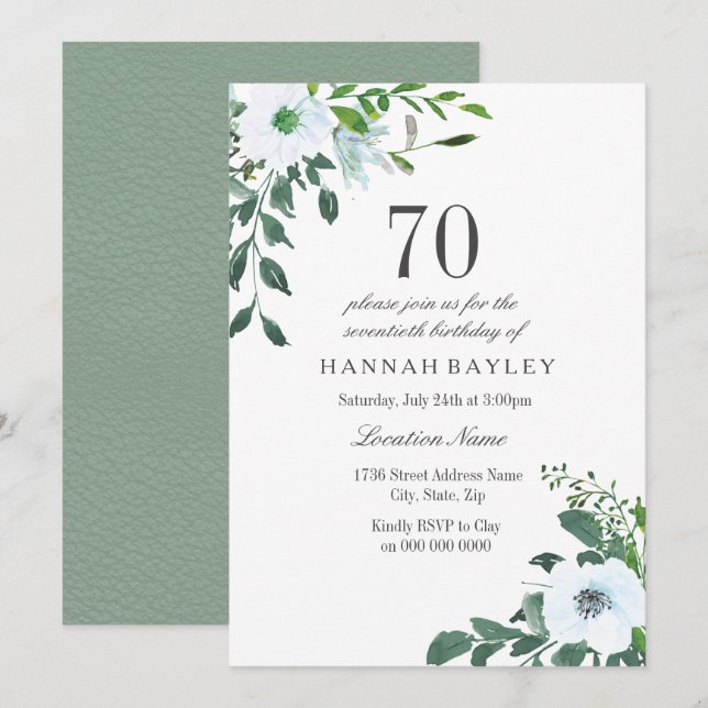 Invitation Floral Greenery 70e anniversaire de fête Invitatio (Devant / Derrière)