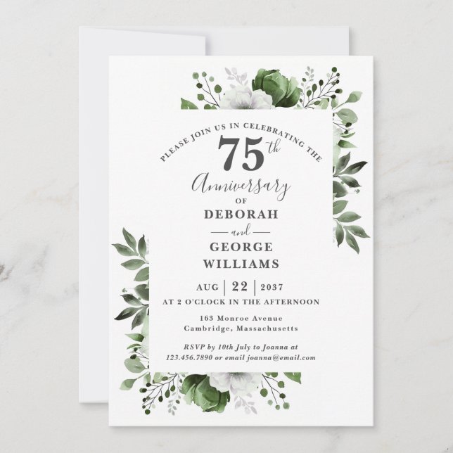 Invitation Floral Greenery 75e anniversaire du Mariage (Devant)