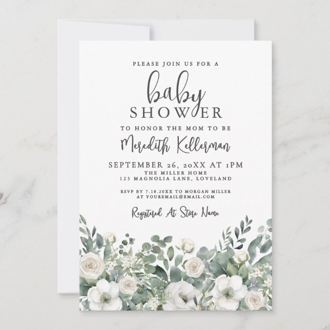 Invitation Floral Greenery Eucalyptus Baby Shower (Devant)