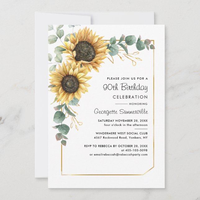 Invitation Floral Greenery Sunflower 90e fête d'anniversaire (Devant)
