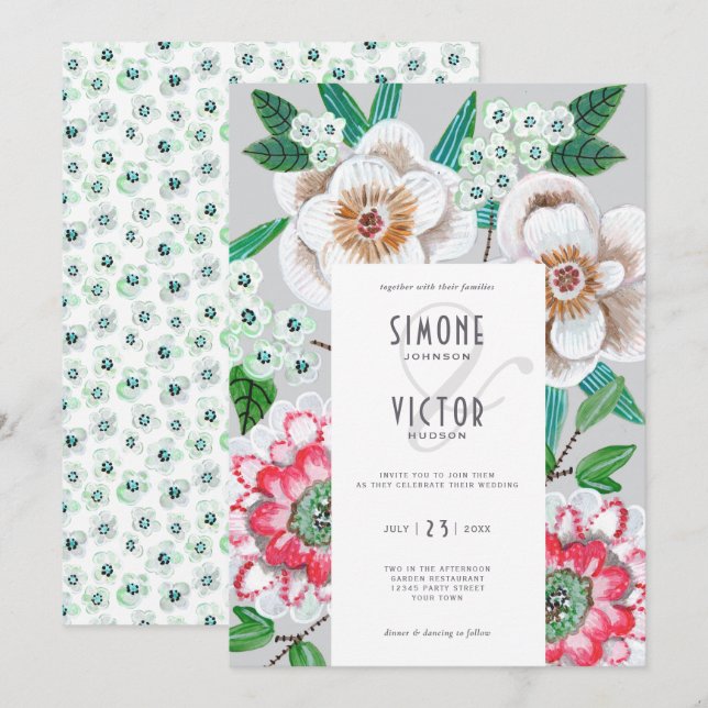 Invitation Floral gris rose moderne fleurs peintes mariage (Devant / Derrière)