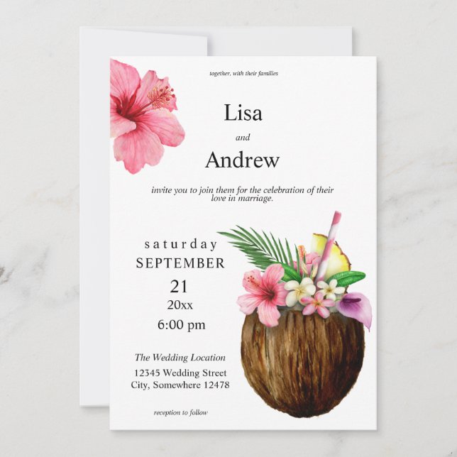 Invitation Floral hawaïen tropical et Mariage de noix de coco (Devant)