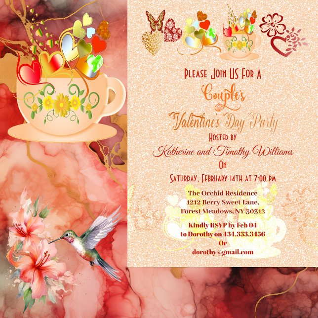 Invitation Floral Heart Butterfly Teacup Valentine Day Couple (Floral Heart Butterfly Teacup Valentine Day Couple Invitation)