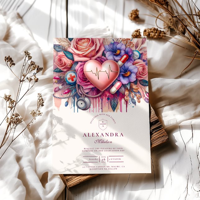 Invitation Floral Heartbeat Infirmière Graduation avec Stetho (Créateur téléchargé)