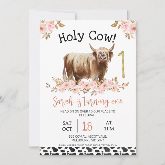 Invitation Floral Highland Holy Cow Cow Imprimer Premier Anni (Devant)