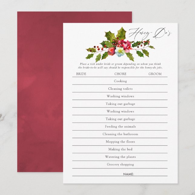 Invitation Floral Holly Fête des mariées de Noël (Devant / Derrière)