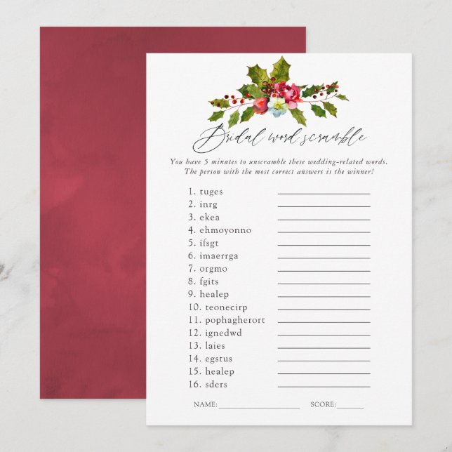 Invitation Floral Holly Fête des mariées de Noël (Devant / Derrière)