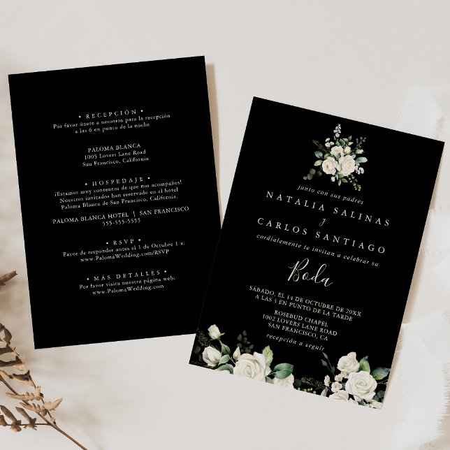Invitation Floral ivoire moderne espagnol avant et Mariage ar (Créateur téléchargé)