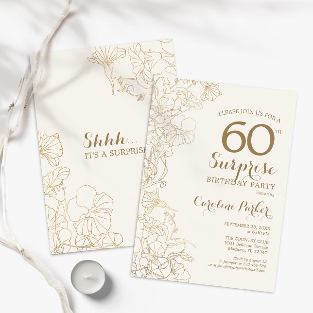 Invitation Floral Ivory Gold Surprise 60e fête d'anniversaire (Créateur téléchargé)