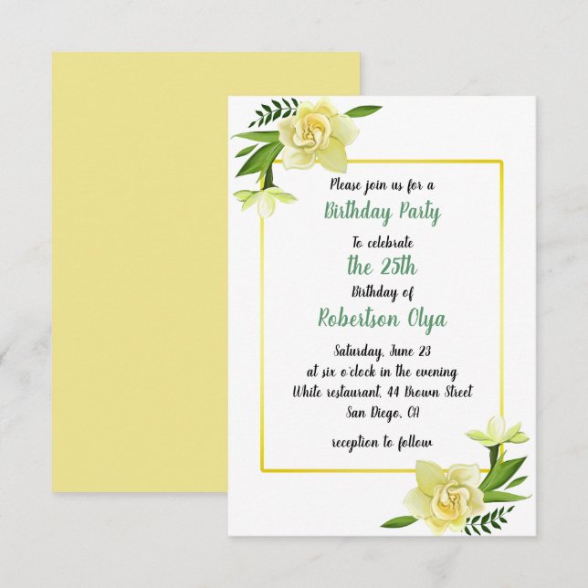 Invitation Floral Jaune Anniversaire (Devant / Derrière)