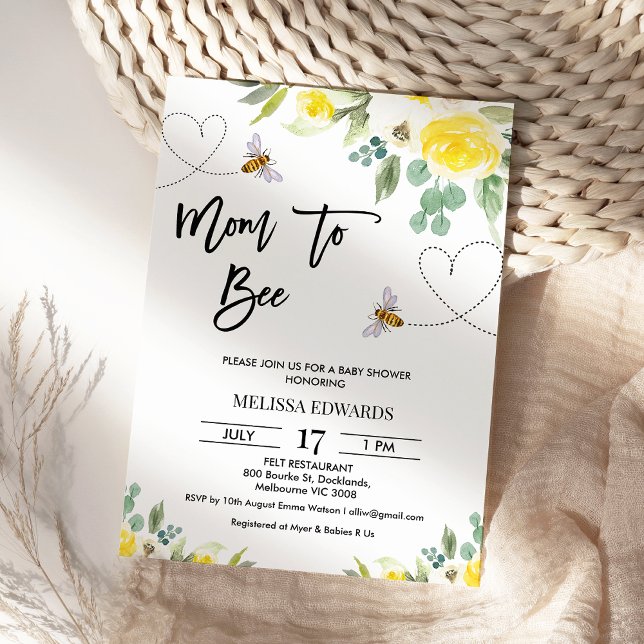 Invitation Floral Jaune Maman à Abeille Baby shower (Mom to Bee Baby Shower Invitation Template, Floral Bee Themed Baby Shower Invitation, Heart Path )