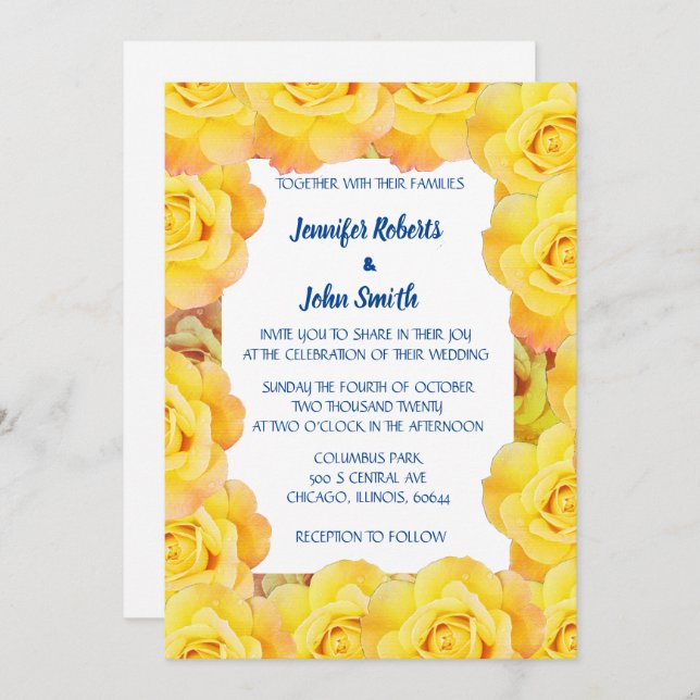 Invitation Floral Jaune Marine Bleu Rose Cool QR Code Mariage (Devant / Derrière)
