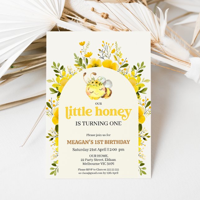 Invitation Floral Jaune Notre Miel Abeille 1er Anniversaire (Bee 1st Birthday Invitation Template, Yellow Floral Bee Birthday Invite, Our Little Honey Invite)