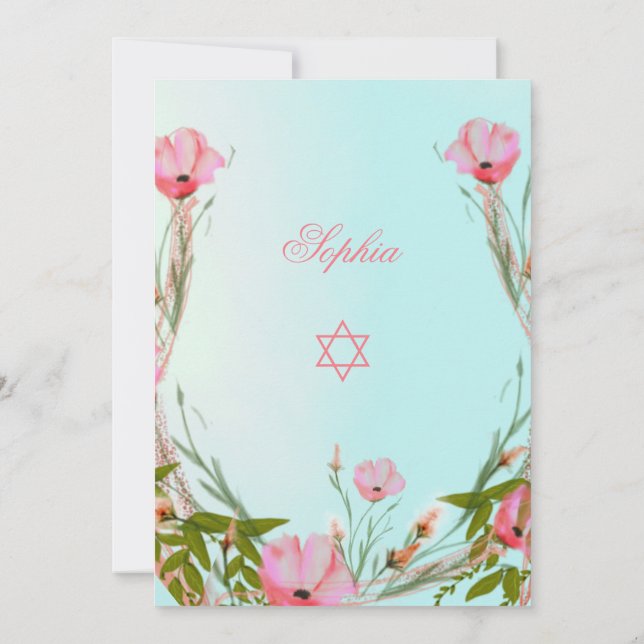 Invitation Floral Juif Bleu rose Baby Naming Star de David (Dos)
