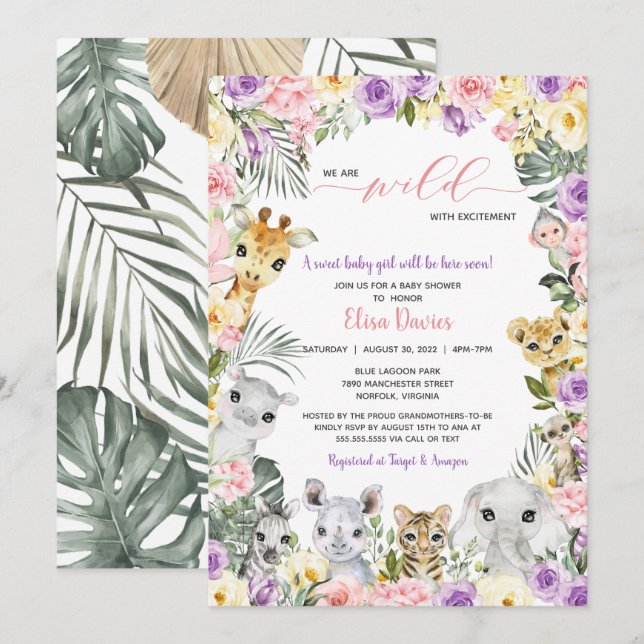 Invitation Floral Jungle Safari Animaux Fille Baby shower (Devant / Derrière)
