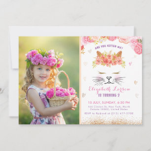 Invitation Floral Kitty Photo Anniversaire Enfants Jote Golde