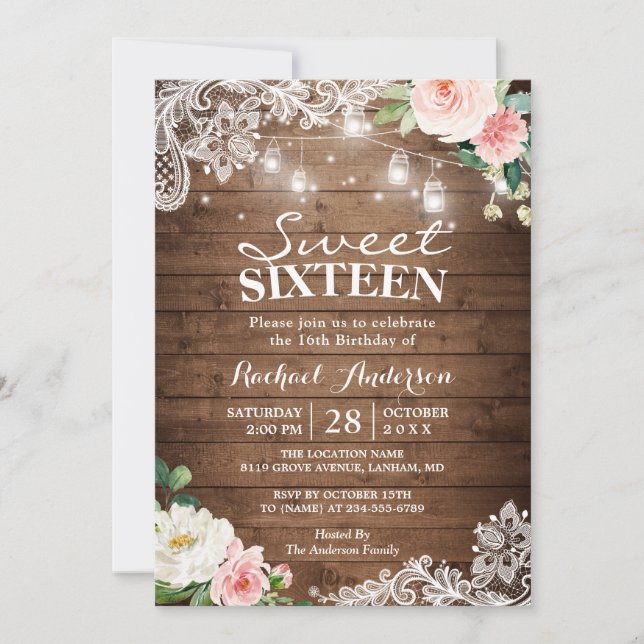 Invitation Floral Lace Mason Jar Lights Sweet 16 Anniversaire (Devant)