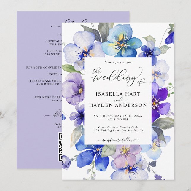 Invitation Floral Lavande Bleue Tout en 1 QR Code Mariage (Devant / Derrière)