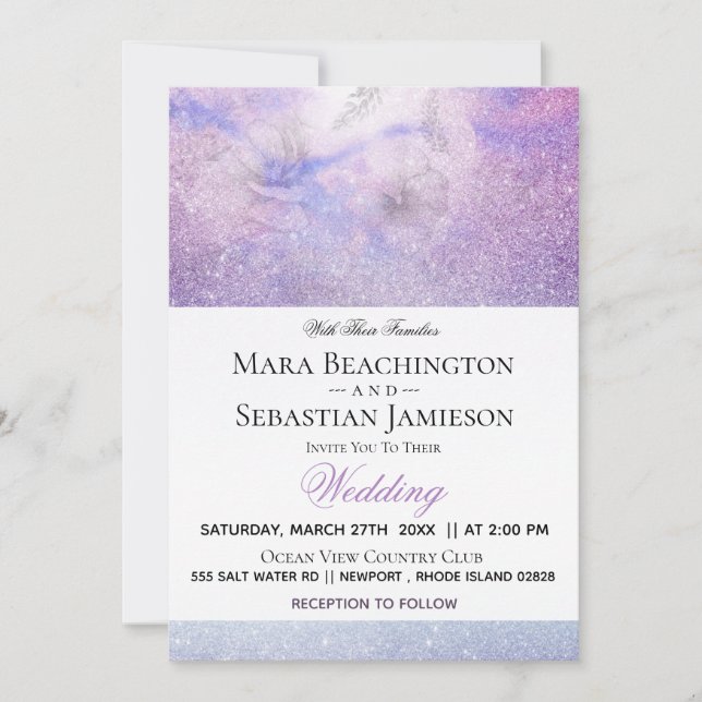 Invitation ~ Floral Lavender Blue Parties scintillant Élégant (Devant)