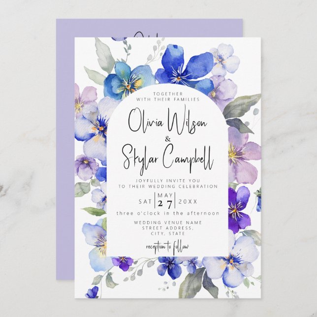 Invitation Floral Lavender Blue QR Code Tout en un Mariage (Devant / Derrière)