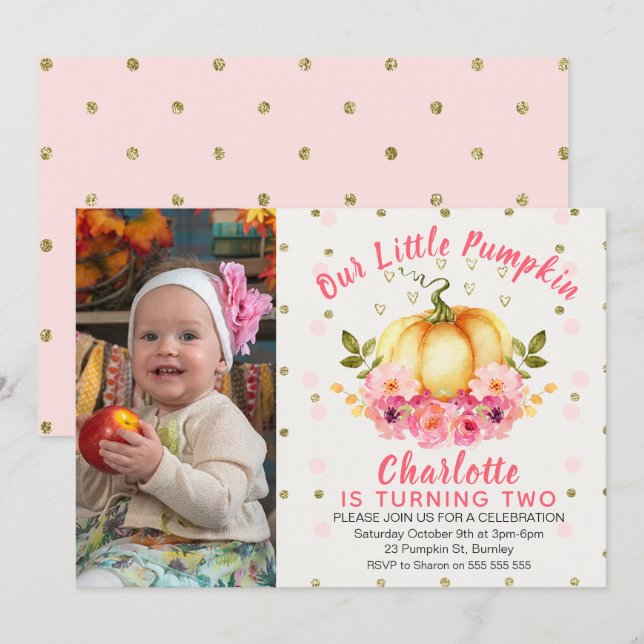 Invitation Floral Little Citrouille Photo Anniversaire Invita (Devant / Derrière)