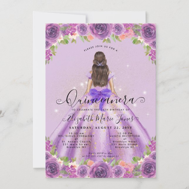 Invitation Floral Lumière Violet Or Glam Princesse Quinceaner (Devant)