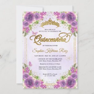 Invitation Floral Lumière violet Parties scintillant or Couro