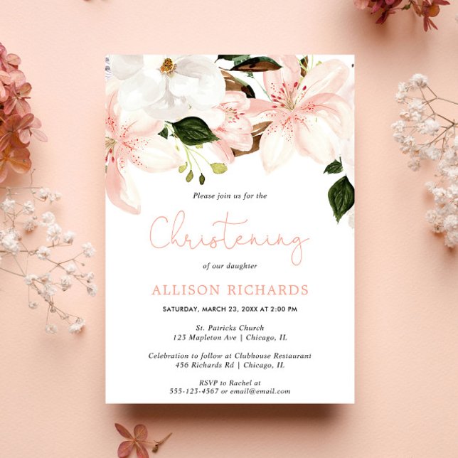 Invitation Floral Lys Christening rose pâle blanc vert (Créateur téléchargé)