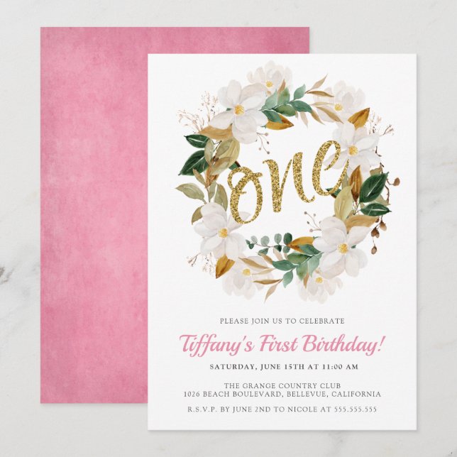 Invitation Floral Magnolia Rose et Or 1er anniversaire (Devant / Derrière)