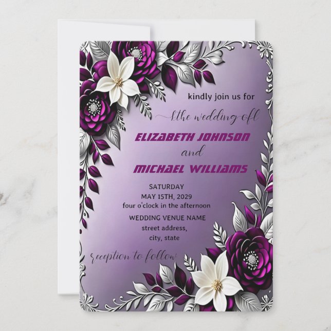 Invitation Floral Mariage d'argent violet profond (Devant)